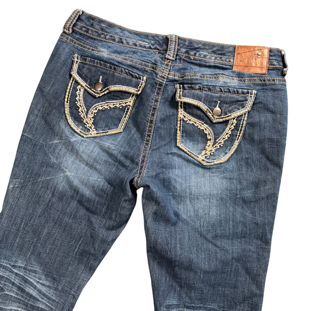 Y2K Bootcut Jeans Blue Medium Wash Flap‎ Pocket Embroidered Baddie 34x32